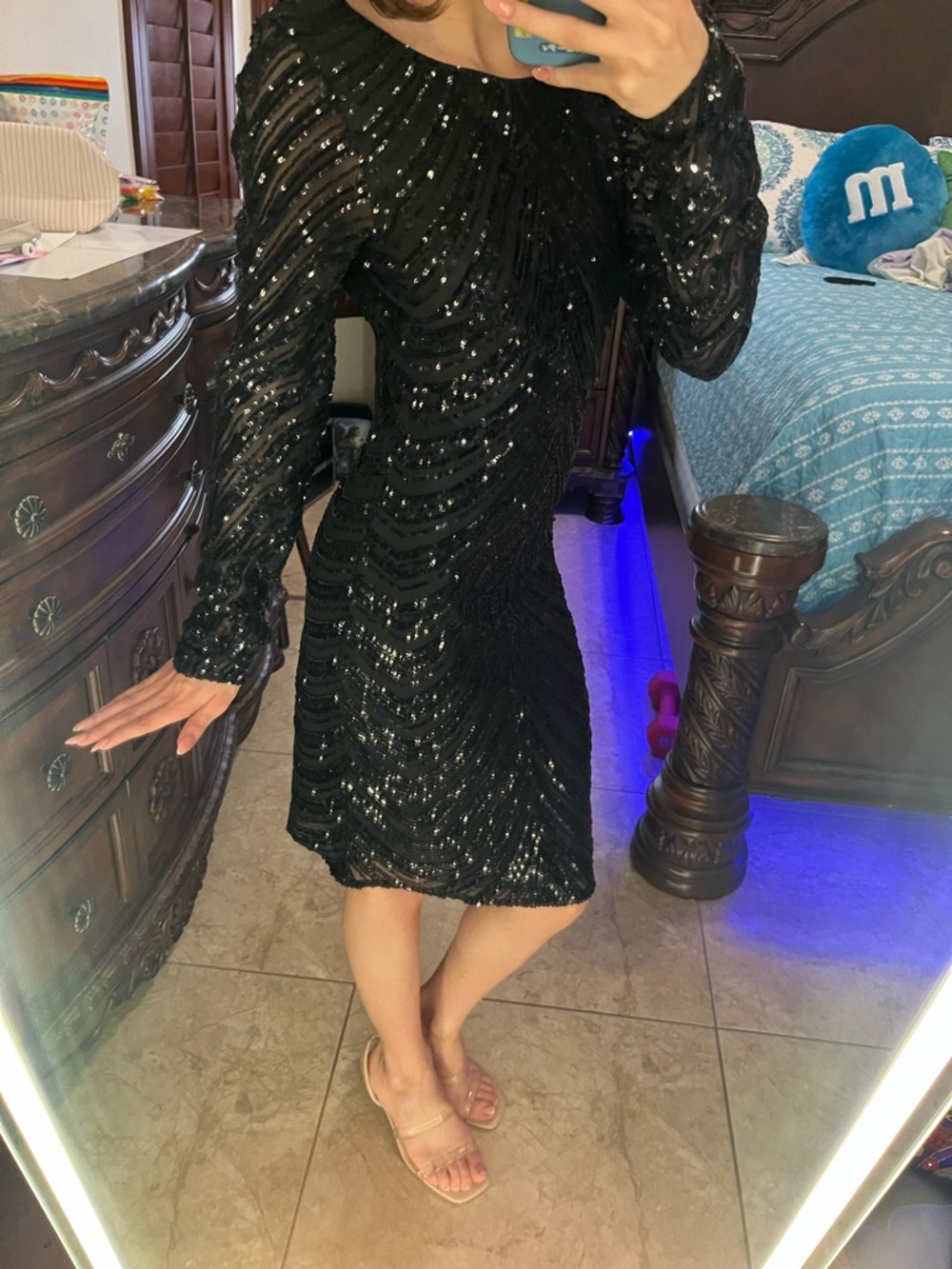 Black Sequin Long-Sleeve Cocktail Dress